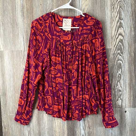 22 of 52 Conversations Anthropology Jazz‎ Instrument print button down blouse 12 - Picture 1 of 5
